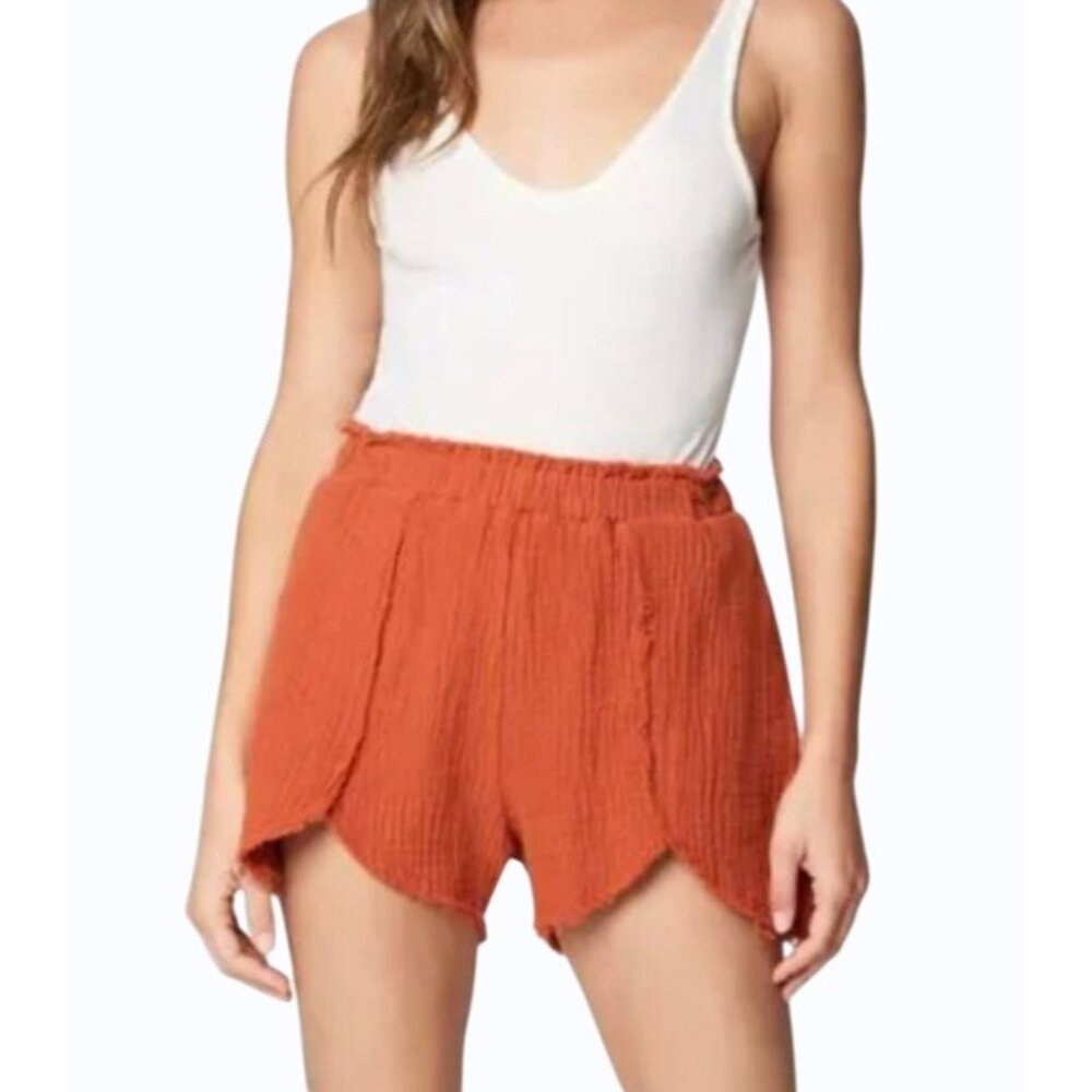 BlankNYC Women's Frayed Hem Stretch Waist Rust Orange Shorts Cotton Blend‎ Small